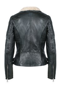 Zwart leren jack met een schapenvacht kraag, fitted ontwerp, ritsmouwen en verstelbare gespen bij de taille. Gladde textuur en klassieke stijl.