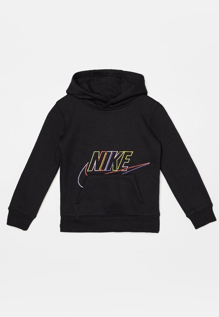 Hoodie noir en mélange de coton. Présente un grand logo Nike multicolore à l'avant et une poche kangourou sur le devant.