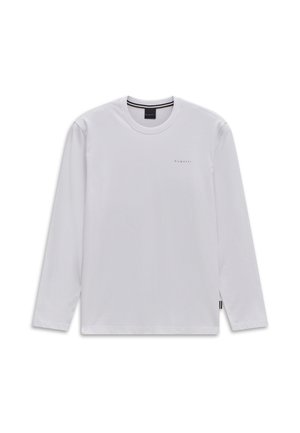 Long-sleeve white crew neck shirt with small "bugatti" logo on the left chest and black tag on the lower side seam.