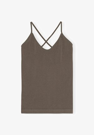Pruun, kerge tank top, sügava V-kaelusega ja risti tagant kinnituvate rihmadega. Lihtne disain, pehme tekstuur ja servad on õmmeldud.