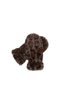 Mākslīgā kažokādas cimdi brūnā krāsā ar melnām leoparda plankumiem. Apaļa forma ar mīkstu tekstūru, ar cietu aproci pie plaukstas.