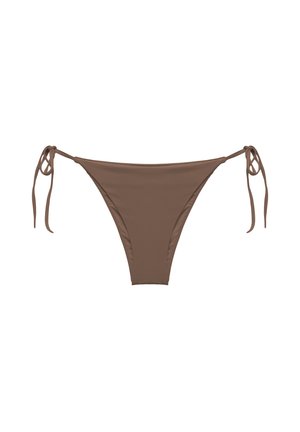 Bas de bikini marron avec fermetures à nouer sur les côtés, fabriqué en matériau lisse et extensible, offrant une couverture minimale et un design épuré et simple.