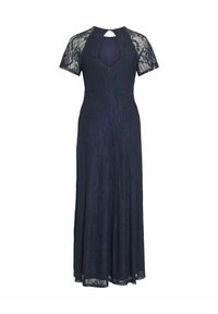 Robe en dentelle navy avec des manches courtes, un col en V, un dos en trou de serrure et une jupe fluide. Présente des motifs floraux et une fermeture éclair au dos.