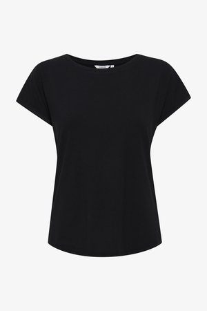 Melns īsām piedurknēm T-krekls ar apaļu kaklu un brīvu piegriezumu. Izgatavots no mīksta kokvilnas, tam ir gluda tekstūra un taisna apakšmala.