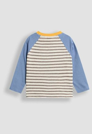 Garās piedurknes krekls ar svītrotu bēšas un brūnas krāsas aizmuguri, gaiši zili raglāna piedurknes un dzeltenu apkaklīti. Mīksta kokvilnas auduma.