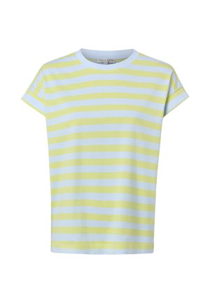 Koszulka z krótkim rękawem w poziome, jasnżółto-białe paski, z okrągłym dekoltem.