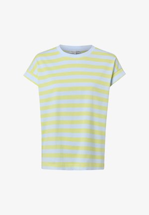 Kurzärmeliges T-Shirt mit horizontalen hellgelben und weißen Streifen und einem runden Ausschnitt.