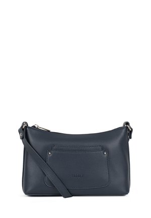 Sac bandoulière en cuir bleu marine avec sangle réglable, poche avant et fermeture éclair argentée.