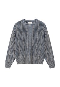 Pull épais en tricot bleu et gris avec motifs torsadés, manches longues, poignets et ourlet côtelés, présenté sur un fond blanc.