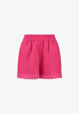 Pink linen shorts with an elastic waistband, scalloped hem detailing, and a small gold accent on the side.