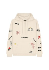 Felpa beige con tasca frontale, caratterizzata da vari design grafici colorati e testi, tra cui una rosa, cuori e simboli.
