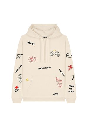 Beige hættetrøje med en frontlomme, prydet med forskellige farverige grafiske designs og tekst, herunder en rose, hjerter og symboler.