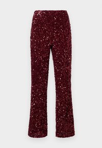 Bordeaux hoge taille broek bedekt met glanzende pailletten en een rechte pijpuitvoering, tentoongesteld op een witte achtergrond.