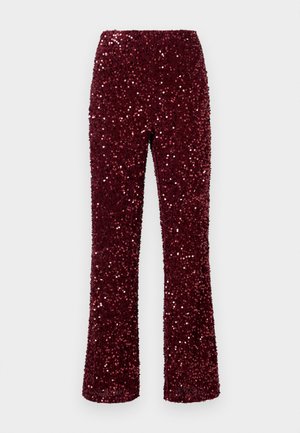 Burgundy high-waisted pants covered in shiny sequins with a straight-leg cut displayed on a white background.