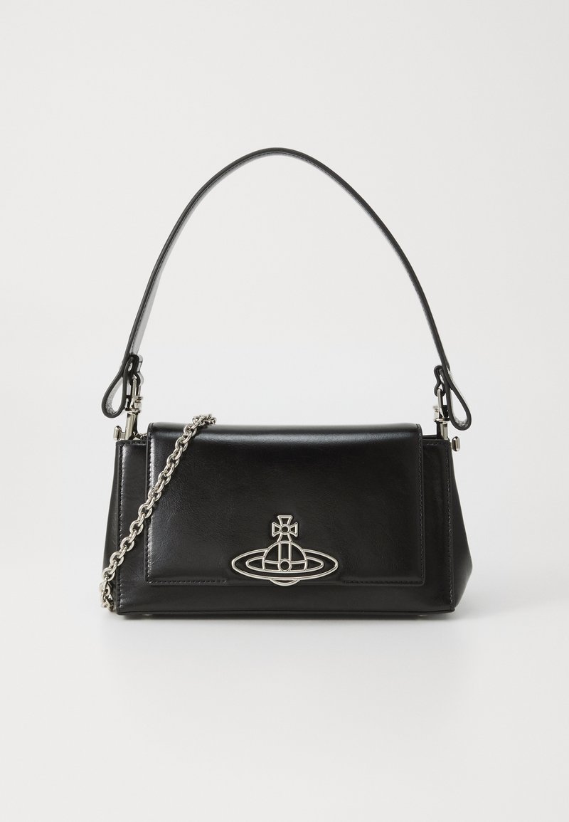 Black leather handbag with a structured design, featuring a silver-tone logo accent and a detachable chain strap. Smooth texture, compact shape.