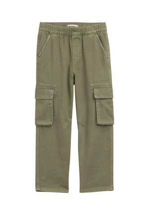 Pantaloni cargo verdi con vita elasticizzata, due tasche laterali e due grandi tasche cargo sulle cosce. Realizzati in tessuto resistente.