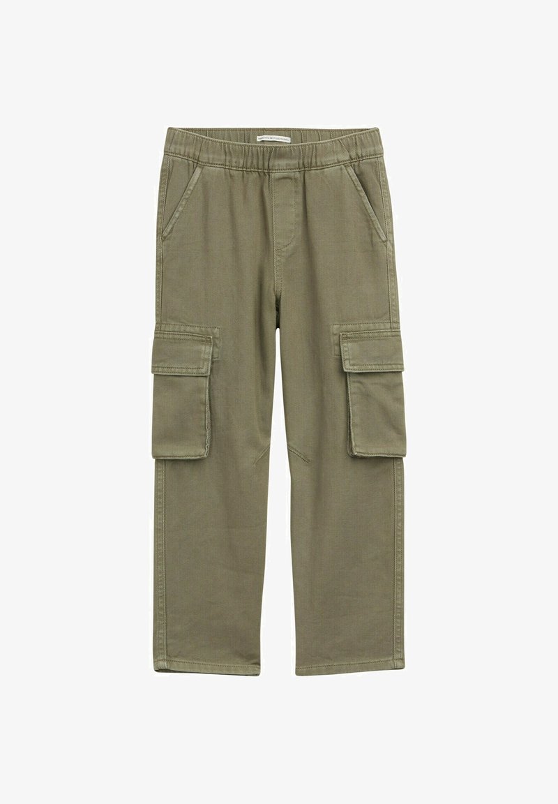 Zielone spodnie cargo z elastycznym pasem, dwiema bocznymi kieszeniami i dwiema dużymi kieszeniami cargo na udach. Wykonane z trwałego materiału.