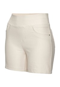 Cream-colored high-waist shorts with front and back pockets, visible stitching, and a close-fitting design on a white background.