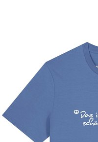 Blaues Baumwoll-T-Shirt mit kurzen Ärmeln, Rundhalsausschnitt und einem weißen Druckdesign mit dem Text "Das ist schön" auf der Vorderseite.