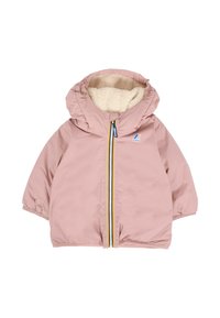 Giacca per bambino di colore rosa chiaro con cappuccio, foderata in pile crema, chiusura frontale con zip e strisce multicolori, logo K-Way sul petto.