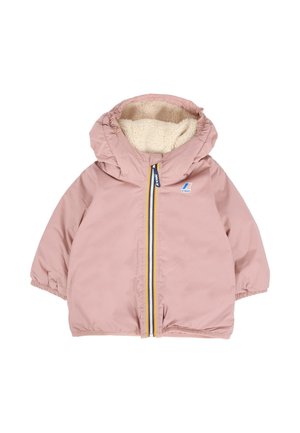 Lichtroze peuterjas met capuchon, crème fleece voering, voorrits met multikleurige strepen, en K-Way logo op de borst.