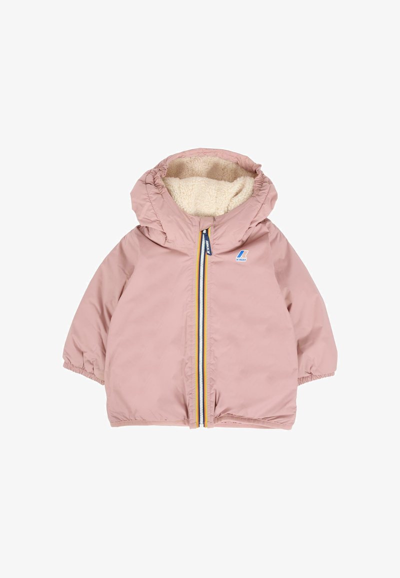 Jasnoróżowa kurtka dla malucha z kapturem, z kremowym polarem w środku, zamek błyskawiczny z przodu w wielokolorowe paski oraz logo K-Way na piersi.
