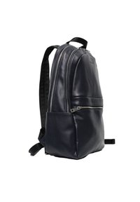 Zaino in pelle blu navy con finitura testurizzata, doppie cerniere e una tasca frontale. Presenta spallacci regolabili e un design minimalista.