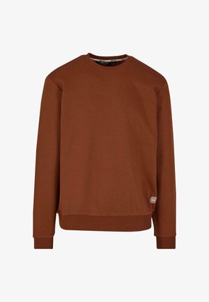 Pruun dressipullover, mis on valmistatud pehmest kangast, ümmarguse kaelusega, pikkade varrukatega ning ribakudumisega mansettide ja alläärega. Külgedel on diskreetne logo detail.