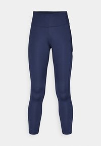 Donkerblauwe sportlegging met hoge taille, gemaakt van rekbaar materiaal, met een zijzak en een zachte textuur.