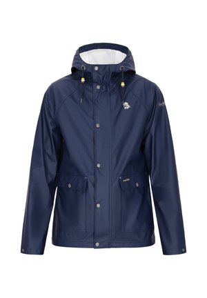 Veste imperméable marine avec capuche, boutons-pression, deux poches delanteres et accents jaunes sur les cordons de serrage. Présente un logo sur la poitrine.