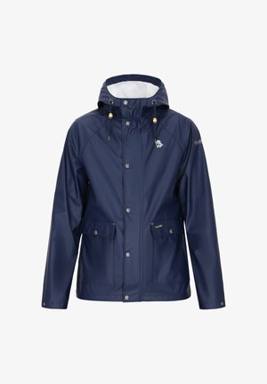 Mornarica vodoodporna jakna s kapuco, s pritrdilnimi gumbi, dvema sprednjima žepoma in rumenimi poudarki na vrvicah. Na prsih je logo.