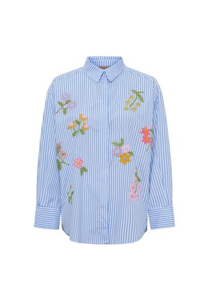 Lyseblå og hvide langærmet skjorte med broderede flerfarvede blomsterdesigener på front og ærmer, klassisk krave og knapmanchetter.