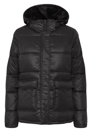 Doudoune noire avec capuche, fermeture éclair, deux poches avant avec rabats et un design matelassé. Fabriquée en matériau brillant et lisse.