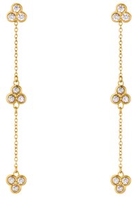 Goldene Tropfohrringe mit einem Kettendesign und drei blumenförmigen Clustern, die jeweils mit drei klaren Steinen geschmückt sind und einen funkelnden Effekt erzeugen.