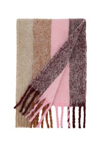Miękki wełniany szalik z pionowymi kolorowymi pasami w odcieniach beżu, brązu, różu i burgundowego, z frędzlami na końcach i złożonym rogiem.