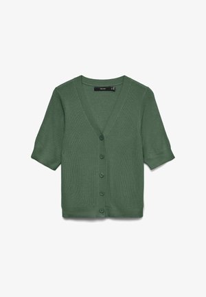 Zielony krótki kardigan z dzianiny z krótkim rękawem, dekoltem w serek i pięcioma guzikami z przodu, z prążkowanymi mankietami i krawędzią.