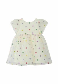 Weißes Kleid mit kurzen Puffärmeln, das mit buntem Blumenstickerei verziert ist. Leichter, luftiger Stoff mit einem gerafften Rock.