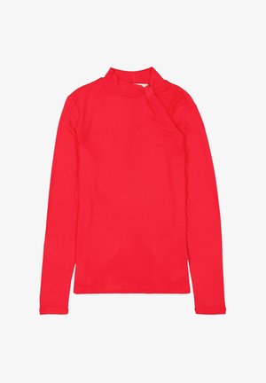 Top rojo de manga larga con un diseño ajustado, escote redondo y un detalle de nudo en el cuello. Textura suave y tela elástica.