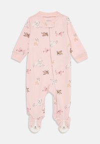 Pink footed onesie made from soft fabric, featuring assorted animal prints. Includes snap closure and animal-shaped accents on feet.