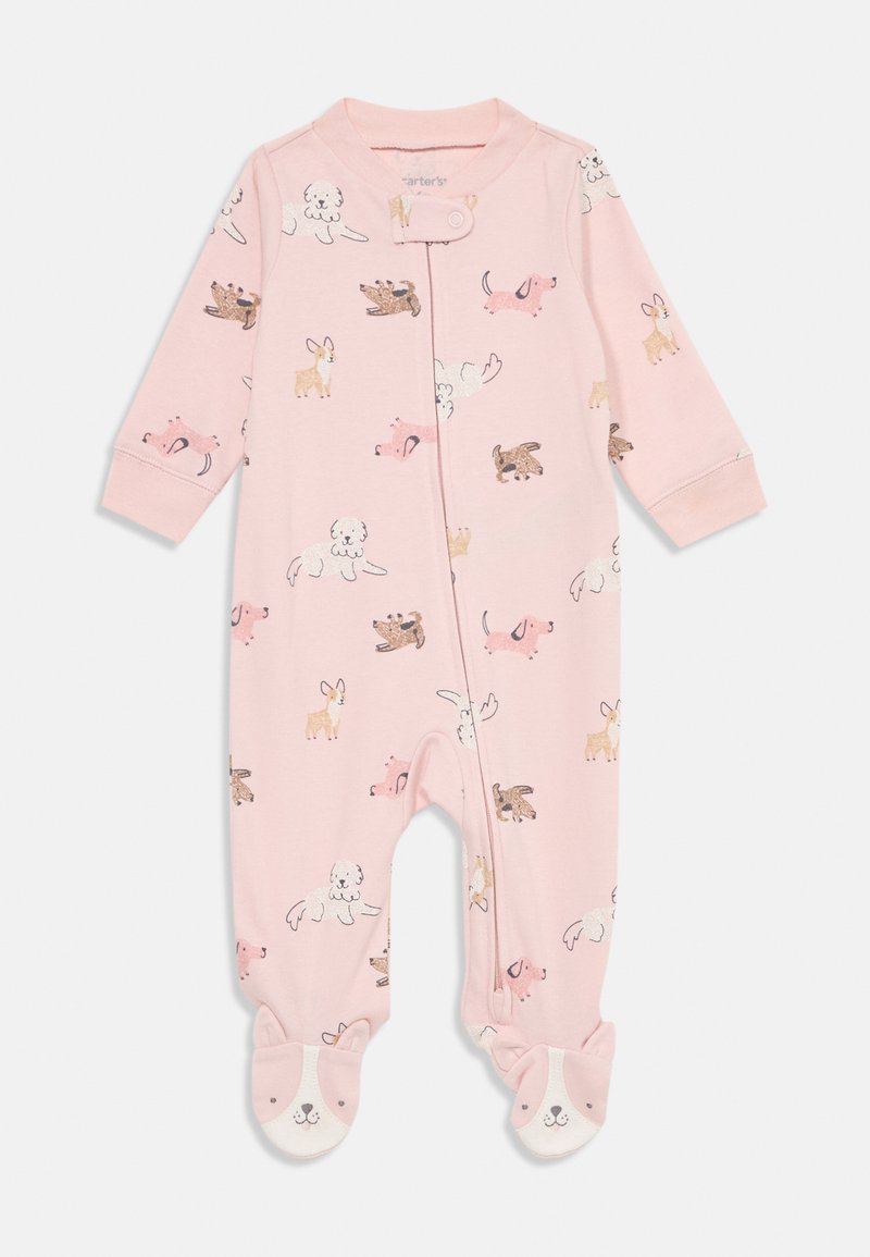 Piros lábfejű kezeslábas, puha anyagból készült, különböző állatmintákkal. Nyomózáras záródás és állat alakú díszek a lábfején.