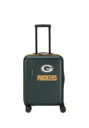 Valigia rigida verde con quattro ruote e manico nero estendibile, con il logo dei Green Bay Packers e testo giallo.