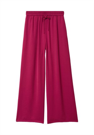 Pantalon à jambes larges fuchsia avec taille élastique et cordon de serrage, en tissu texturé, présenté à plat sur un fond blanc.