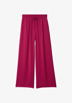 Pantalon à jambes larges fuchsia avec taille élastique et cordon de serrage, en tissu texturé, présenté à plat sur un fond blanc.
