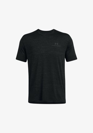Schwarzes Under Armour T-Shirt mit kurzen Ärmeln und Rundhalsausschnitt, mit dezentem Logo auf der linken Brust, entworfen für sportliche Aktivitäten.