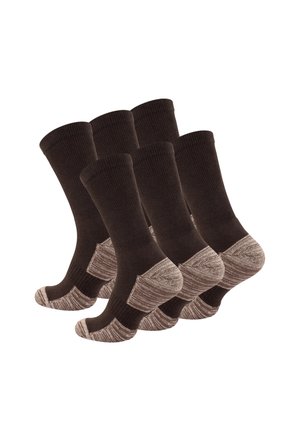 Calze a costine marroni con tallone e punta di rinforzo marrone chiaro, composte da cinque paia disposti insieme. Materiale resistente per uso quotidiano.