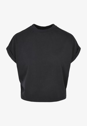 Crna kratka majica od pamuka s kratkim preokrenutim rukavima i okruglim izrezom. Glatka tekstura i minimalistički dizajn.