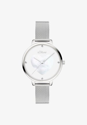 Silberne Mesh-Armbanduhr mit weißem Zifferblatt, das ein herzförmiges Perlmutt-Design und vier Strasssteine aufweist. Marke: s.Oliver.
