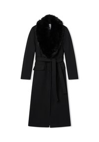 Cappotto nero con colletto in pelliccia sintetica, maniche lunghe e vita con cintura. Presenta una vestibilità dritta e chiusura con un solo bottone. Texture liscia.