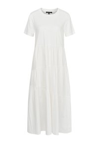 Weißes Kurzarmkleid mit lockerer Passform, das ein gestuftes Design und weiches Baumwollmaterial aufweist. Der Saum ist knöchellang.