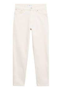 Kermaankeltaiset denimin farkut suoralla lahkeella, napilla ja vetoketjulla suljettavat, viisi taskua. Pehmeä pinta ja hillityt ompeluskoristeet.